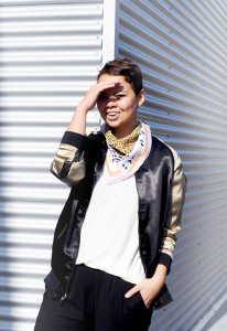 zara bomberjacket, caroline blomst t-shirt, monki pyjama, monki scarf, tomboy look