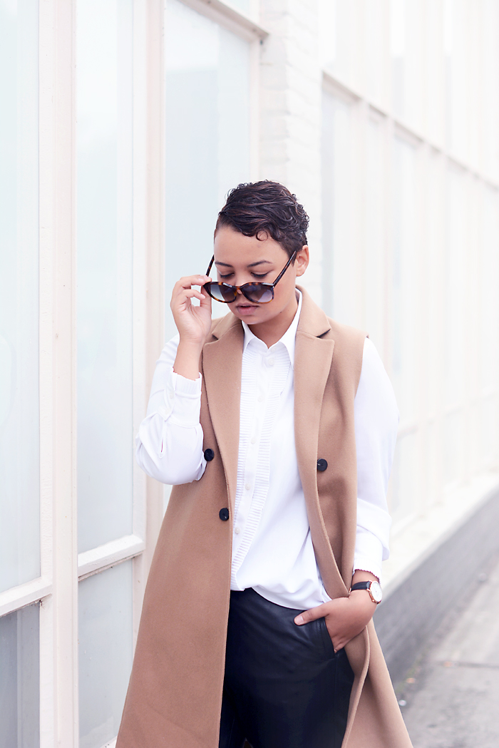 leather trousers / stan smith sneakers / camel coat / ysl sunglasses - justlikesushi.com