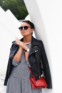 stripes all over / leather jacket / drop waist striped dress / red trio bag / adidas superstar sneakers - justlikesushi.com