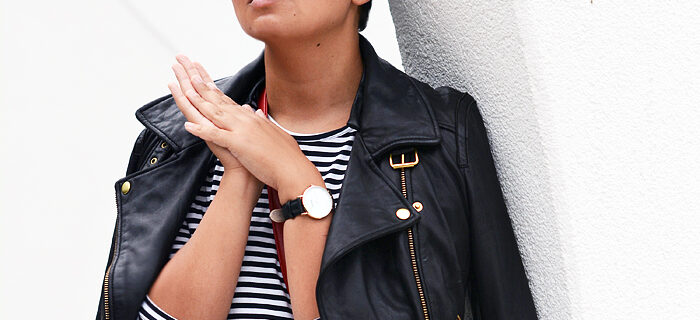 stripes all over / leather jacket / drop waist striped dress / red trio bag / adidas superstar sneakers - justlikesushi.com