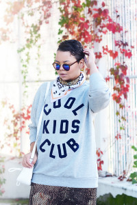 Cool Kids Club grey sweater, mirrored sunglasses, sequin skirt, stan smith sneakers - justlikesushi.com