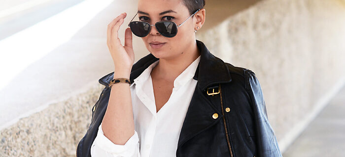 leather jacket, white blouse - justlikesushi.com