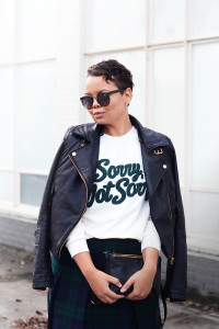 asos sorry not sorry sweatshirt, leather jacket, tartan skirt, stan smith adidas sneakers - justlikesushi.com