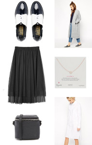 F TROUPE patent navy butterfly brogues / ASOS grey maxi cardigan / MONKI black tulle skirt / DOGEARED karma necklace in rose gold / ASOS zip around black mini bag / ASOS WHITE cotton shote shirt dress
